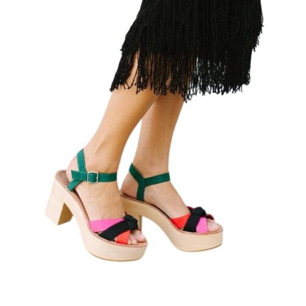 Loeffler Randall Elsa Platform Sandals Wood Clog Multi Silk Knot Heel Size 6 - Picture 16 of 16